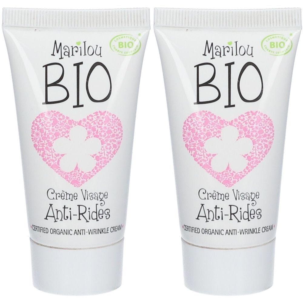 Twee witte tubes met Marilou BIO. Roze hart-ontwerp met bloem. Tekst: Crème Visage Anti-Rides. Bio-certificering.