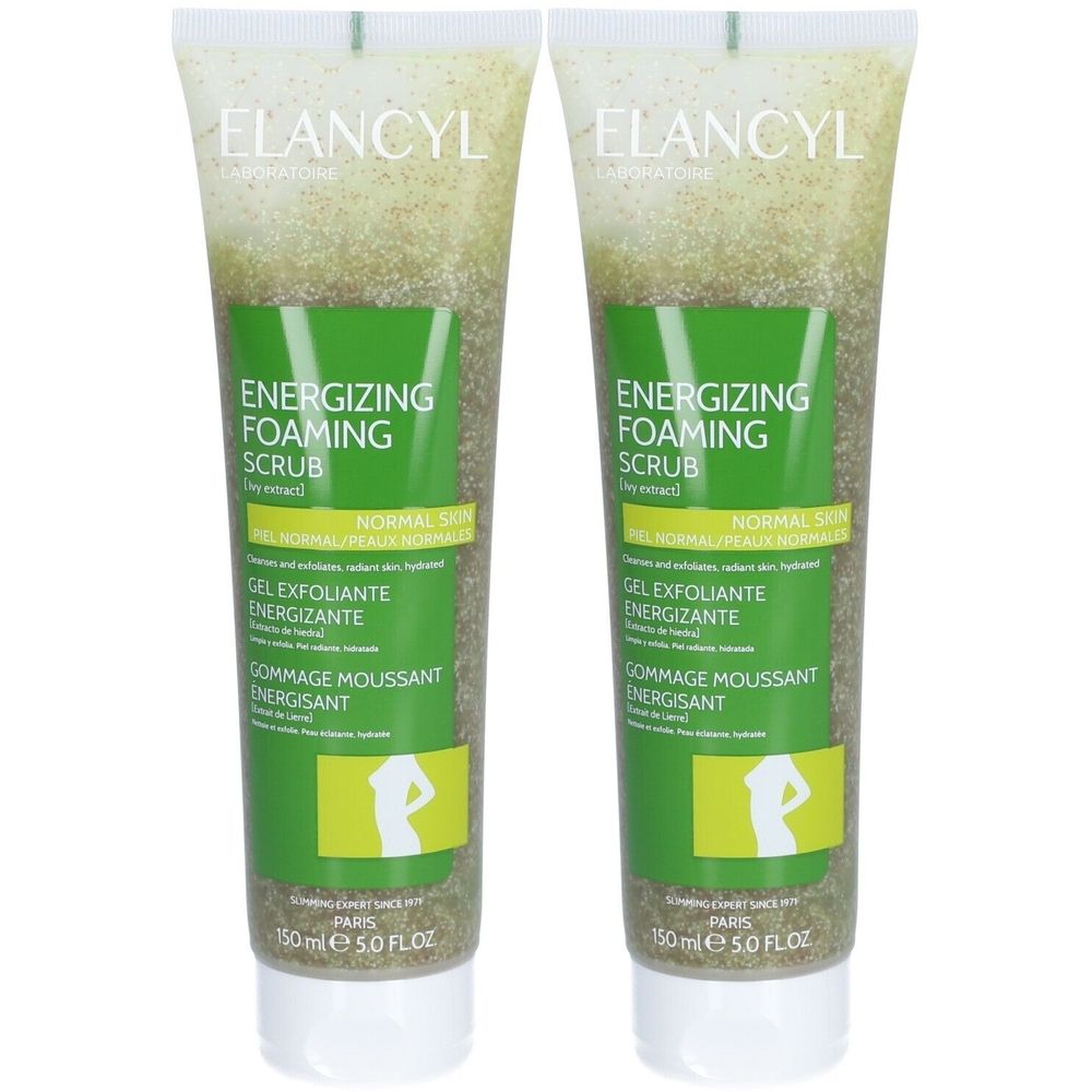 Twee tubes ELANCYL Energizing Foaming Scrub. Groen-wit ontwerp, meertalige tekst. 150 ml.