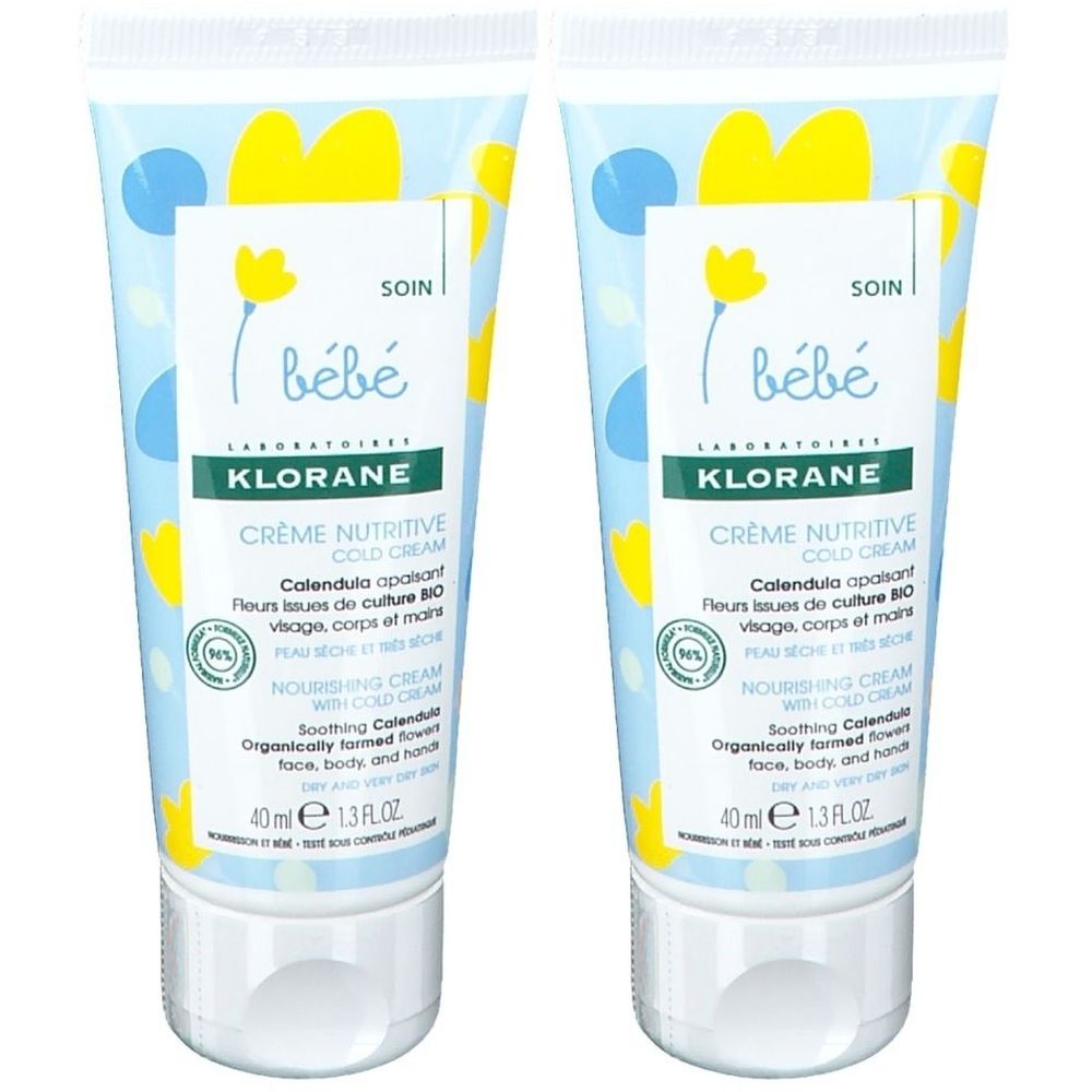 Deux tubes de crème pour bébé. Emballage bleu et jaune avec nom du produit et ingrédients. Contient 40 ml.