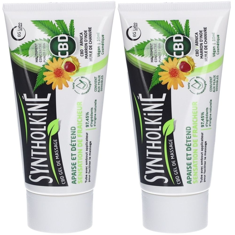 Twee tubes Syntholkiné CBD Gel de Massage. Witte tubes met groene en zwarte elementen. Tekst en illustraties.
