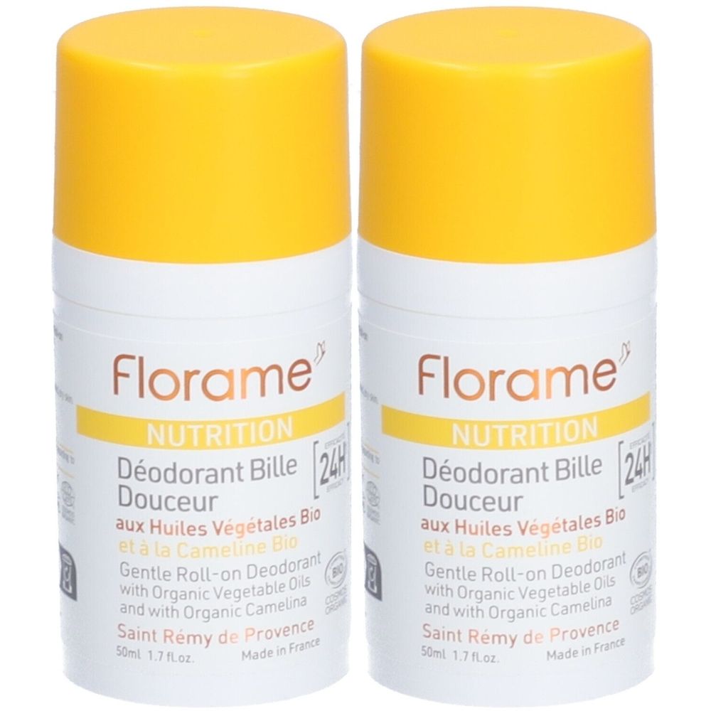 Twee roll-on deodorants met gele doppen. Opschrift: Florame, Nutrition, Déodorant Bille Douceur. Met biologische oliën.
