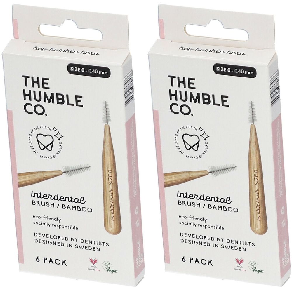 Twee verpakkingen interdentale borstels. Merk: The Humble Co. Maat 0-0,40 mm. Bamboe handvat, borstelharen. 6 stuks per verpakking. Eco-vriendelijk.