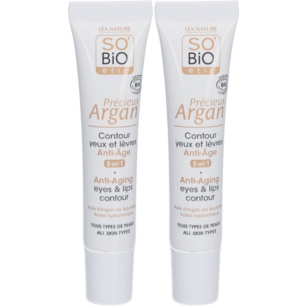 Twee tubes SO BIO ETIC Précieux Argan oog- en lipcontour. Wit, bruine tekst. 5-in-1 anti-aging.