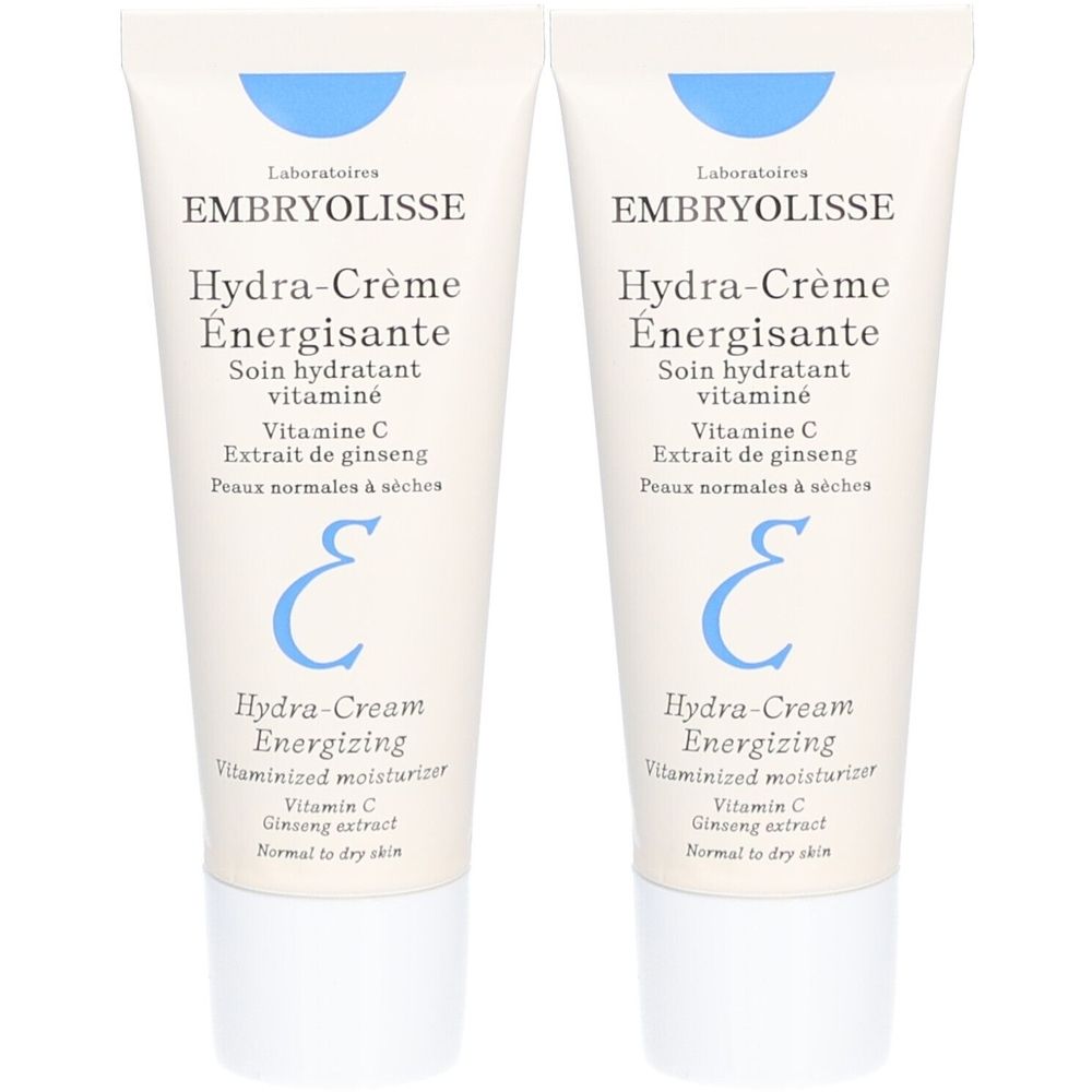 Twee crèmetubes. Opschrift: EMBRYOLISSE Hydra-Crème Energisante. Bevat vitamine C en ginseng-extract. Voor normale tot droge huid.