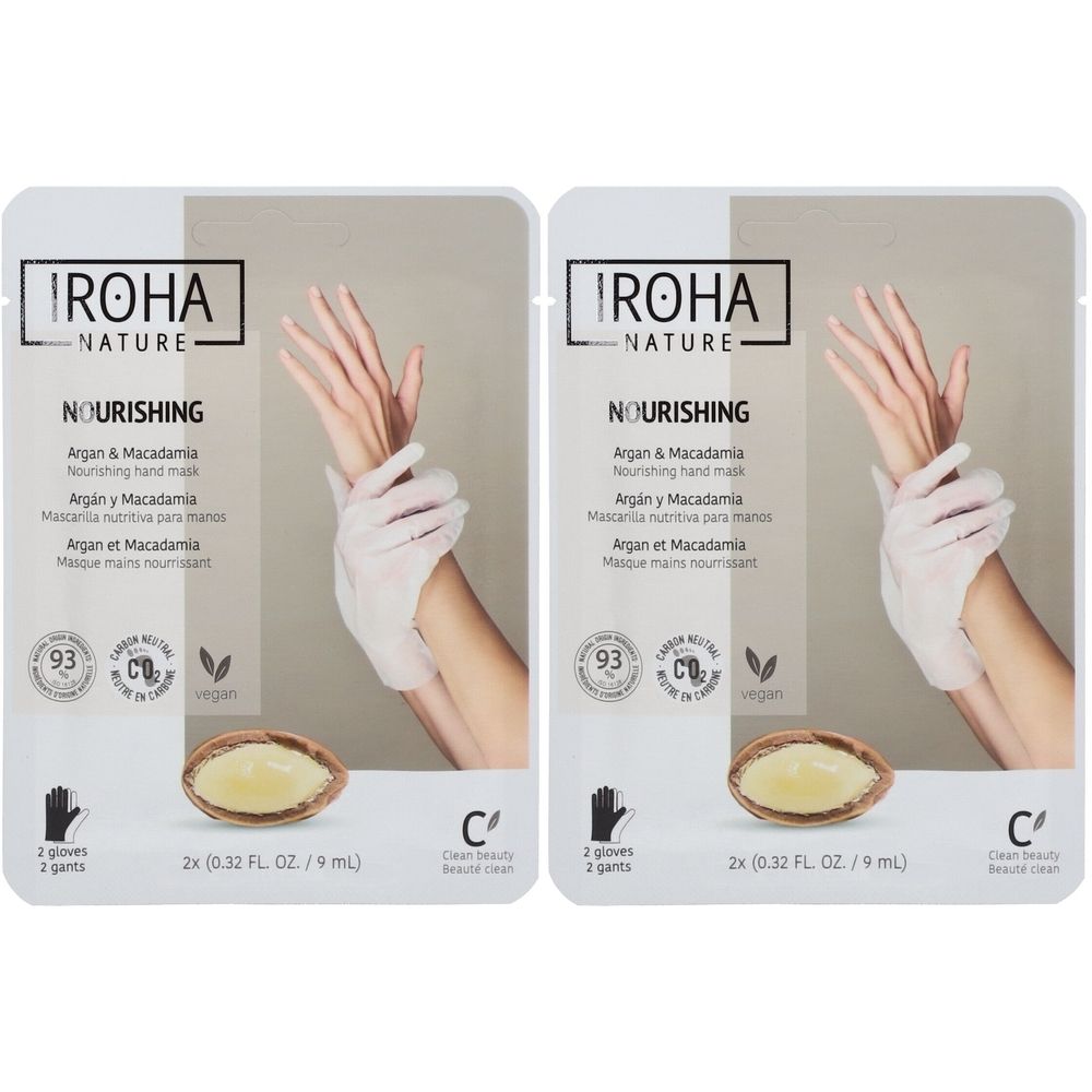 Twee verpakkingen handmasker. Op elke verpakking een hand met witte handschoen. Tekst: IROHA NATURE, Nourishing.