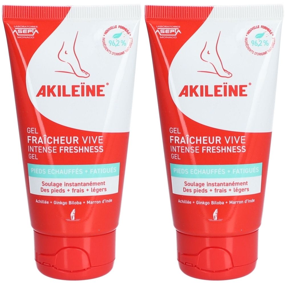 Deux tubes de gel Akileïne. Emballage blanc et rouge avec nom du produit et illustration de pied. Texte: Gel Fraîcheur Vive, Intense Freshness.