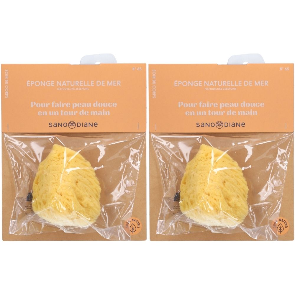 Twee gele natuurlijke sponzen in verpakking. Op de verpakking staat "EPONGE NATURELLE DE MER" en "SANO DIANE".
