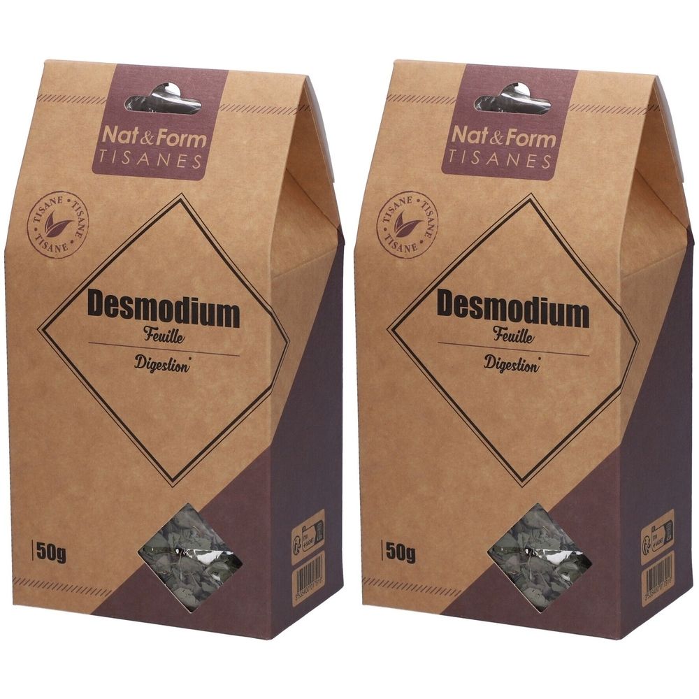 Deux paquets de tisane Nat&Form Desmodium, 50g chacun. Emballage carton brun avec fenêtre de visualisation.