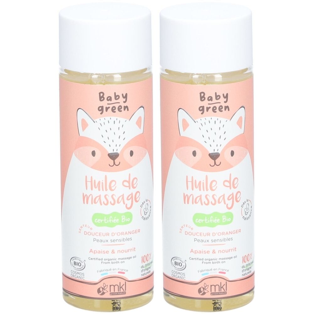 Deux flacons d'huile de massage Baby Green. Étiquette rose avec motif renard et texte. Produit bio certifié pour peaux sensibles.