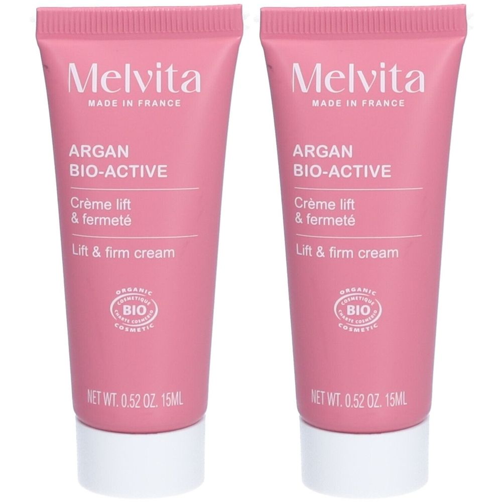 Deux tubes roses de Melvita Argan Bio-Active Crème Lift & Fermeté. Inscription: Crème lift & fermeté, Lift & firm cream. Label bio.