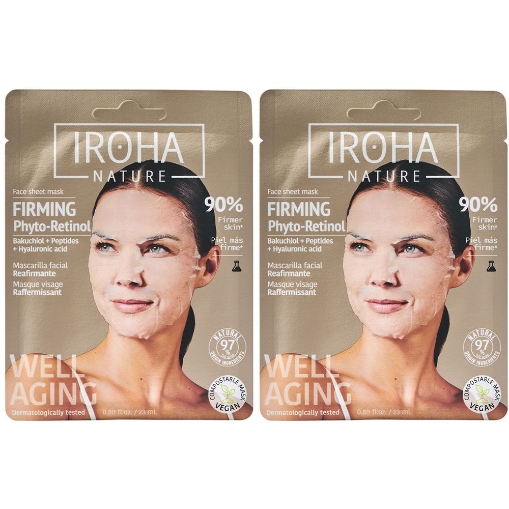Deux emballages de masques en feuille. Sur chaque emballage, une femme avec un masque est représentée. Texte: IROHA NATURE, FIRMING Phyto-Retinol, WELL AGING.
