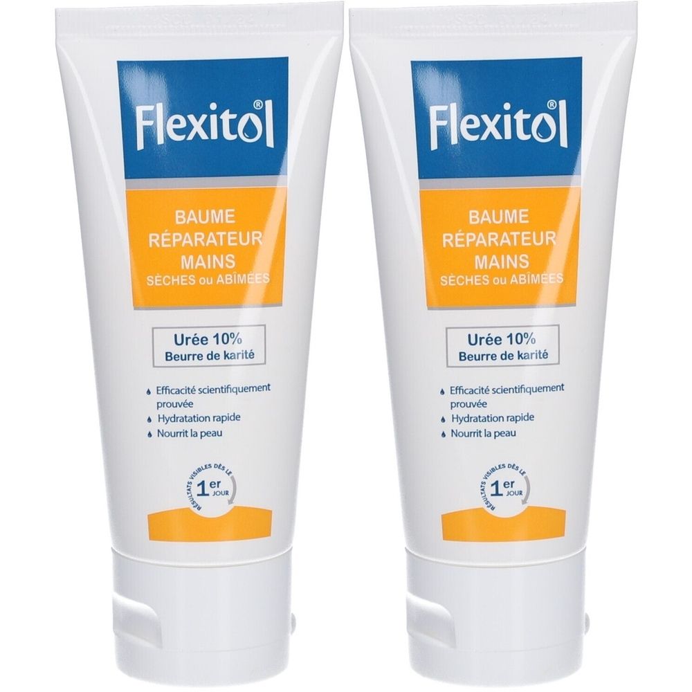 Deux tubes de baume réparateur pour les mains Flexitol. Blanc, avec texte bleu et jaune. Contient Urée 10% et Beurre de karité.
