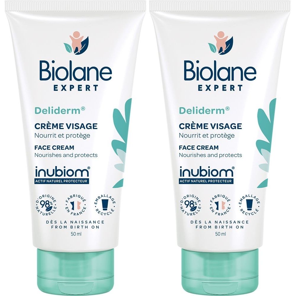 Deux tubes de crème visage Biolane Deliderm. Tubes blancs avec des accents turquoise. Texte: Crème Visage, Face Cream.
