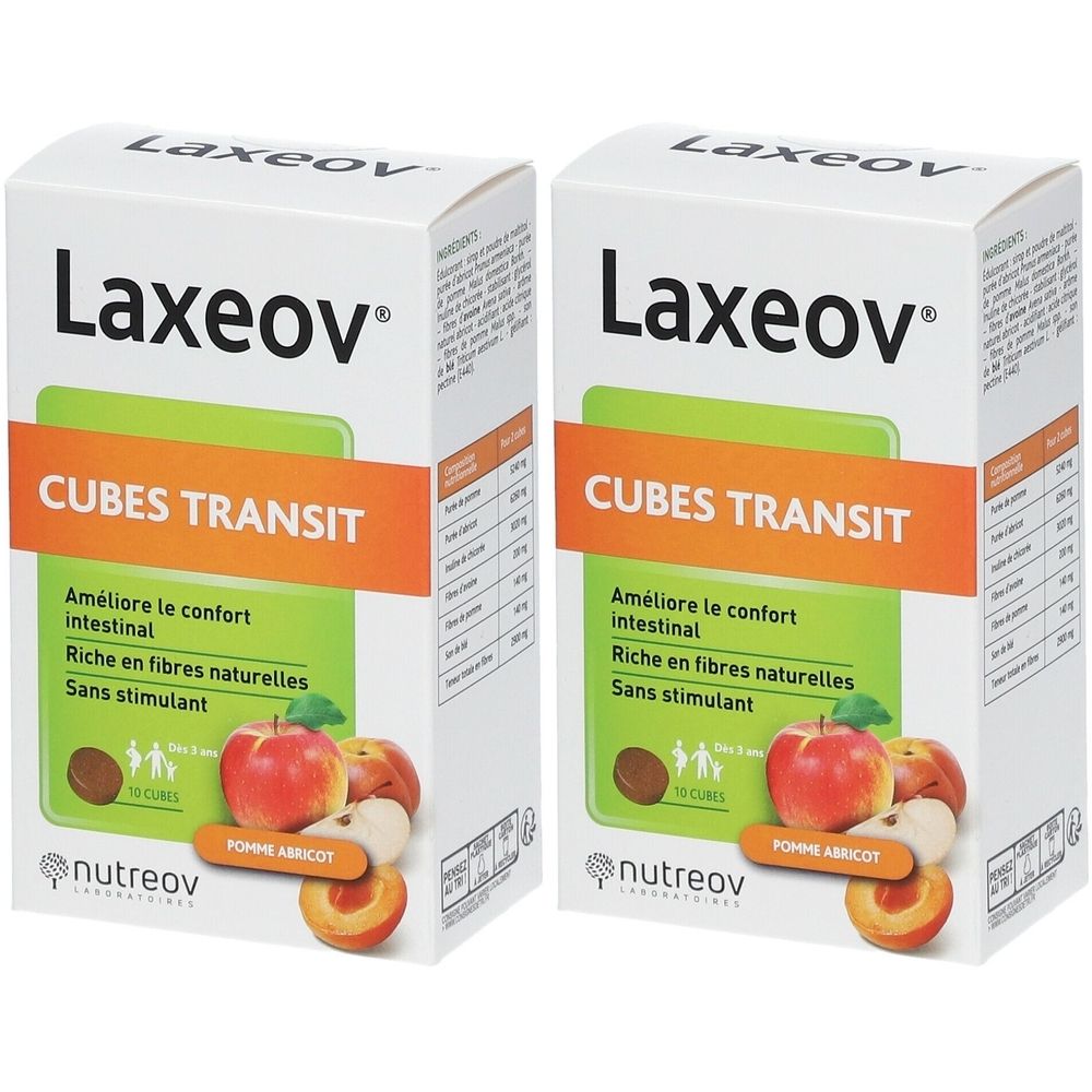 Twee dozen Laxeov CUBES TRANSIT. Opschrift: Améliore le confort intestinal. Illustratie appel en abrikoos. Merk: Nutreov.