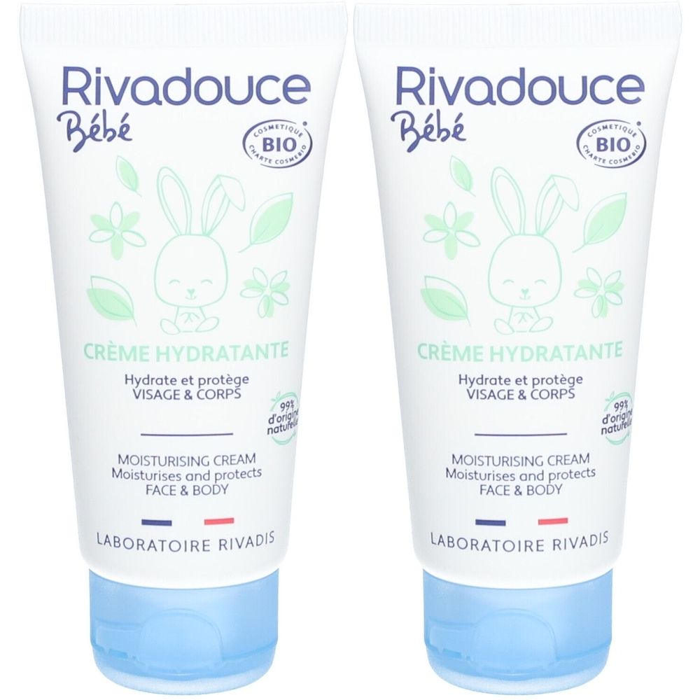 Deux tubes de Rivadouce Bébé Crème Hydratante bio. Tubes blancs avec bouchon bleu. Inscription : Crème Hydratante, certification bio.