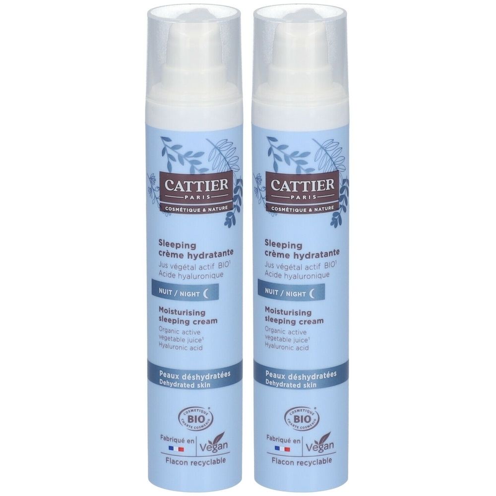 Twee flessen CATTIER Sleeping Crème hydratante. Blauwe verpakking met productinformatie en BIO-certificering. Vegan.