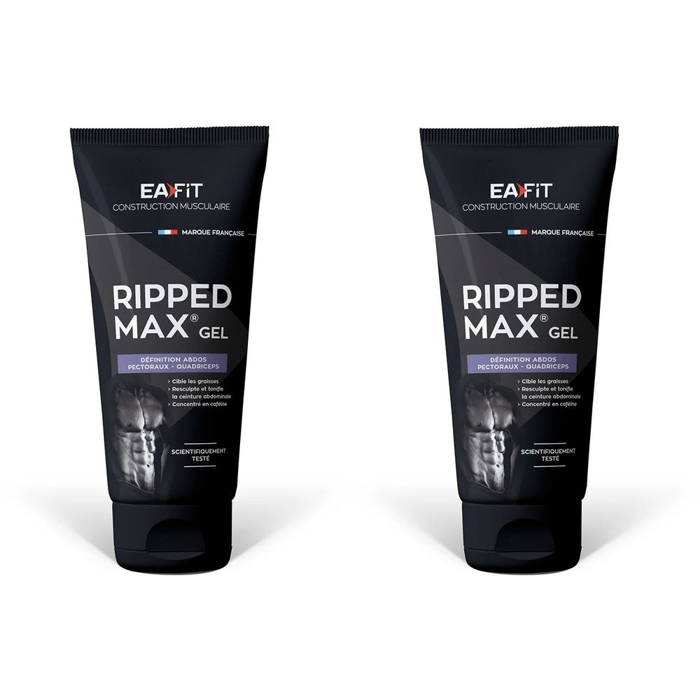 Deux tubes noirs avec impression. Inscription: RIPPED MAX GEL. Marque française. Illustration d'un ventre musclé.