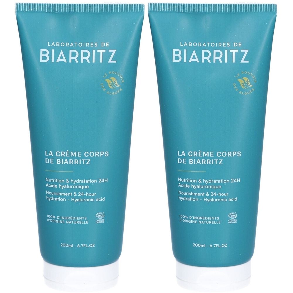 Deux tubes de crème pour le corps. Emballage turquoise avec texte blanc. Inscription: Laboratoires de Biarritz, La Crème Corps.