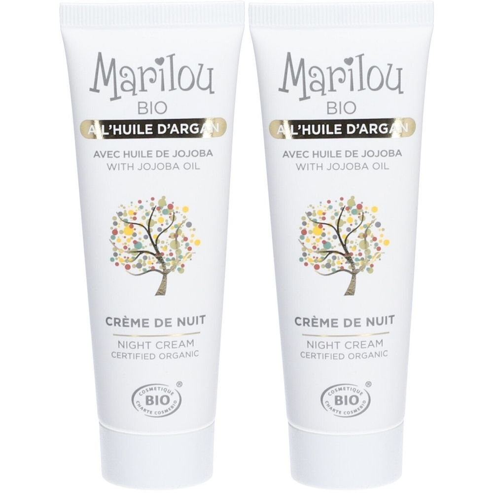 Twee tubes nachtcrème. Opschrift: Marilou Bio, Crème de Nuit, met Arganolie en Jojoba-olie. Bio-certificering.