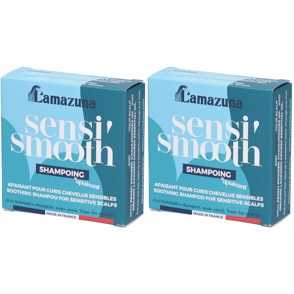 Twee vierkante dozen. Opschrift: Lamazuna sensi' smooth SHAMPOING, verzachtende shampoo voor gevoelige hoofdhuid. Gemaakt in Frankrijk.