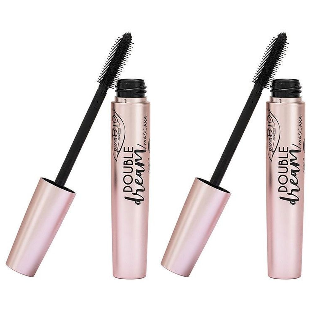 Twee mascara's met zwarte borstel en roze behuizing. Opschrift: Double Dream, Mascara, puroBio.