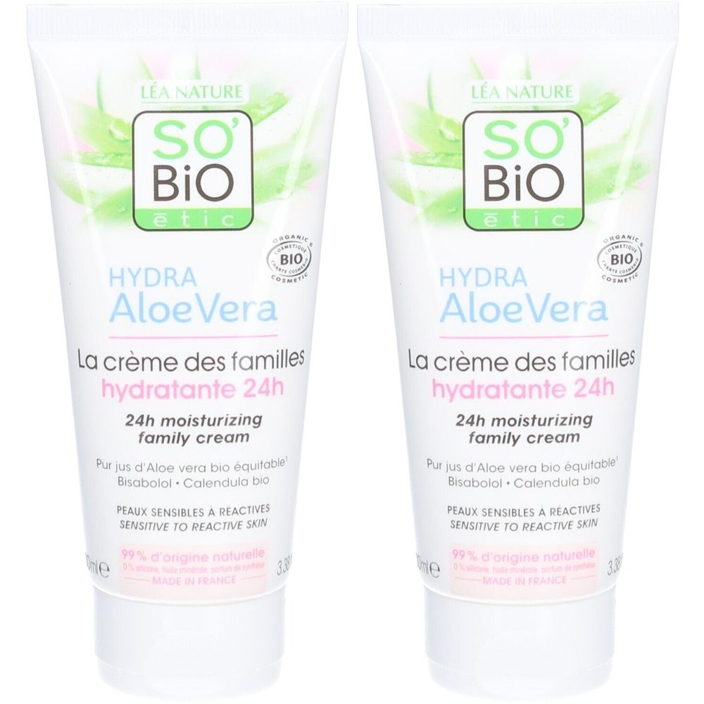 Twee witte tubes met groene en roze accenten. Opschrift: SO BIO etic, Hydra Aloe Vera, La crème des familles hydratante 24h. Bio-certificering.