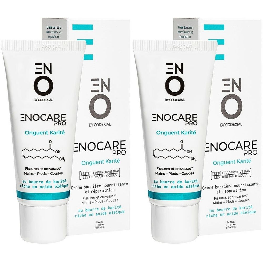 Twee tubes en verpakkingen van ENO Enocare Pro Onguent Karité. Witte tubes met blauwe en zwarte tekst. Franse tekst.