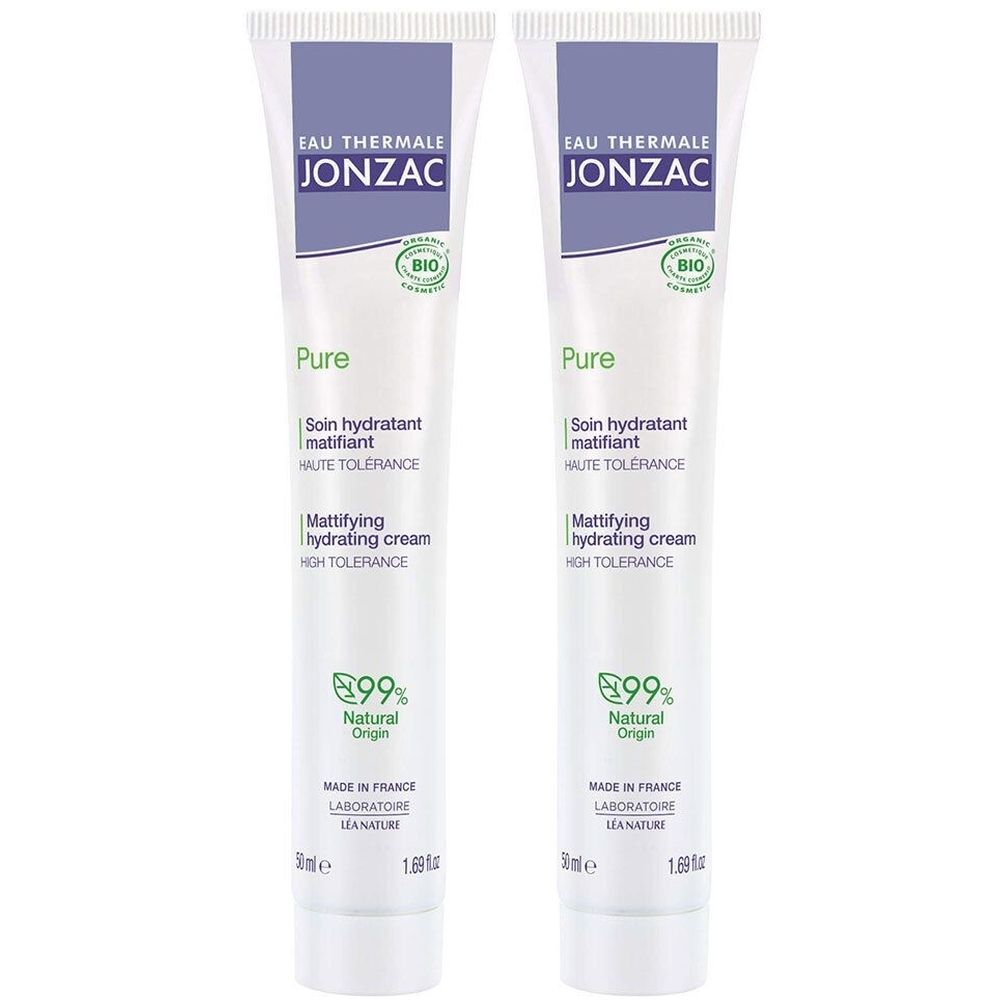 Twee crèmetubes. Opschrift: Eau Thermale Jonzac, Pure, Mattifying hydrating cream, 99% Natural Origin. Bio-label.