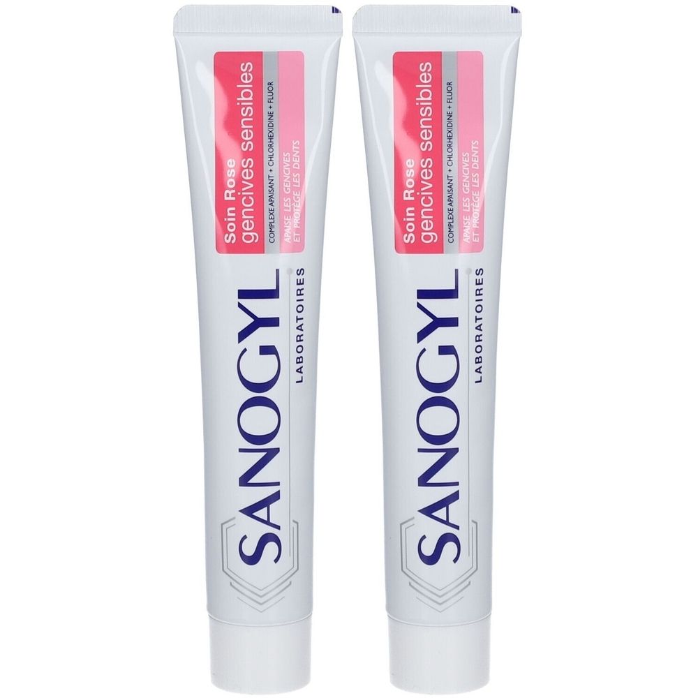 Twee tubes tandpasta. Wit, met roze accenten en tekst. Opschrift: SANOGYL, Soin Rose gencives sensibles.
