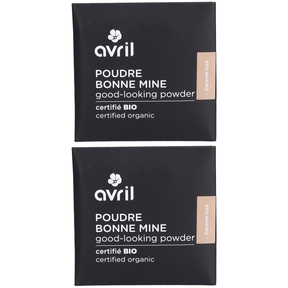 Twee zwarte poederverpakkingen. Opschrift: avril, POUDRE BONNE MINE, good-looking powder, certifié BIO, certified organic. Tint: Caramel irisé.