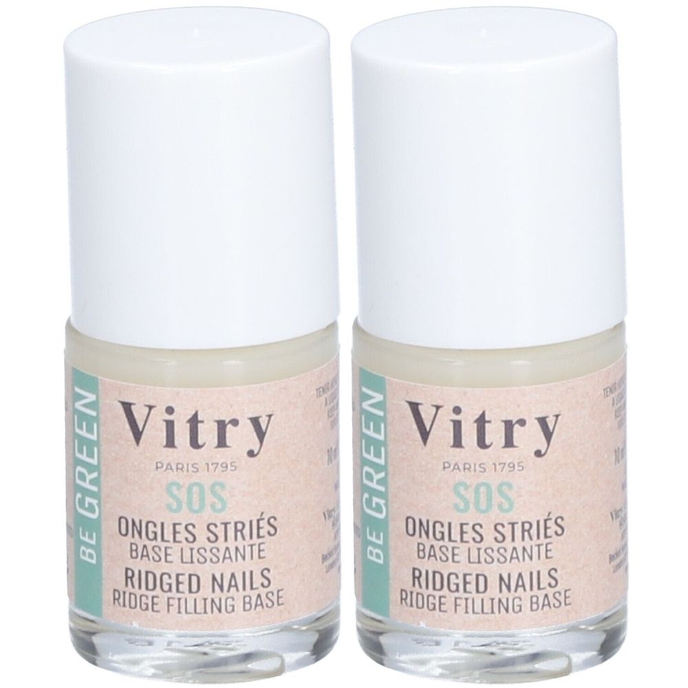 Deux flacons Vitry SOS Base Lissante pour ongles striés.