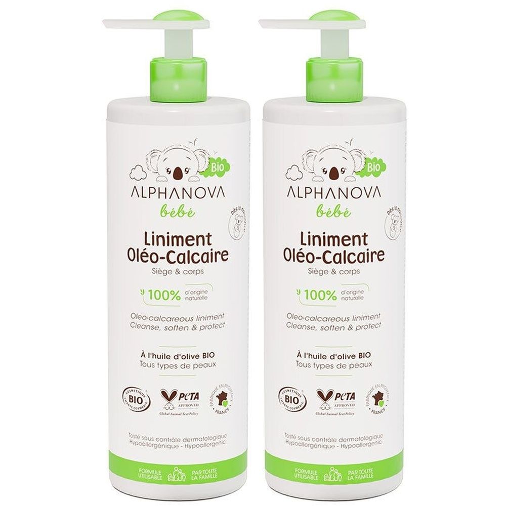 Twee flessen met groene pomp. Opschrift: Alphanova Bébé Liniment Oléo-Calcaire. Met Bio-label en PETA-logo.