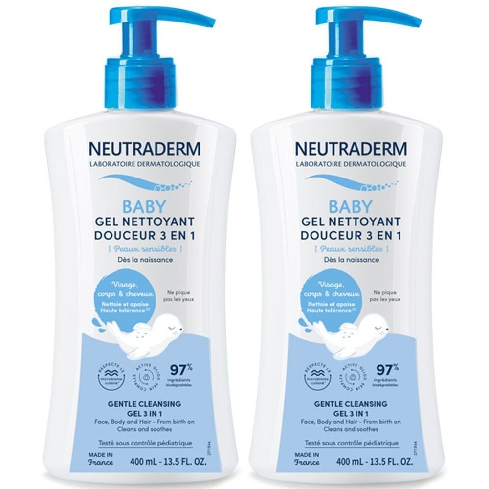 Deux flacons blancs avec pompe bleue. Inscription: Neutraderm Baby Gel Nettoyant Douceur 3 en 1. Pour visage, corps et cheveux. Dès la naissance.