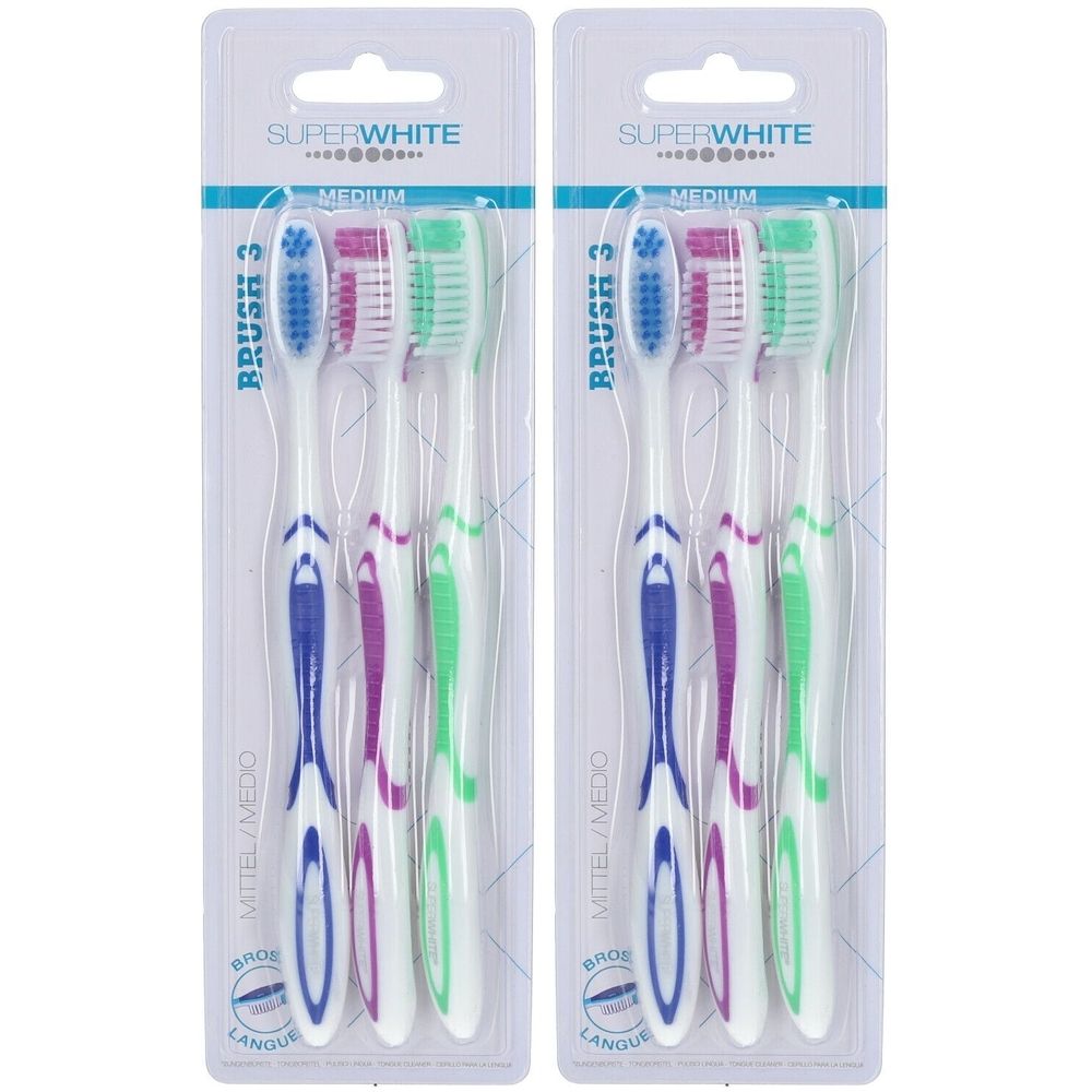 Twee verpakkingen tandenborstels. Elke verpakking bevat drie tandenborstels in verschillende kleuren. Opschrift: SUPERWHITE, MEDIUM.