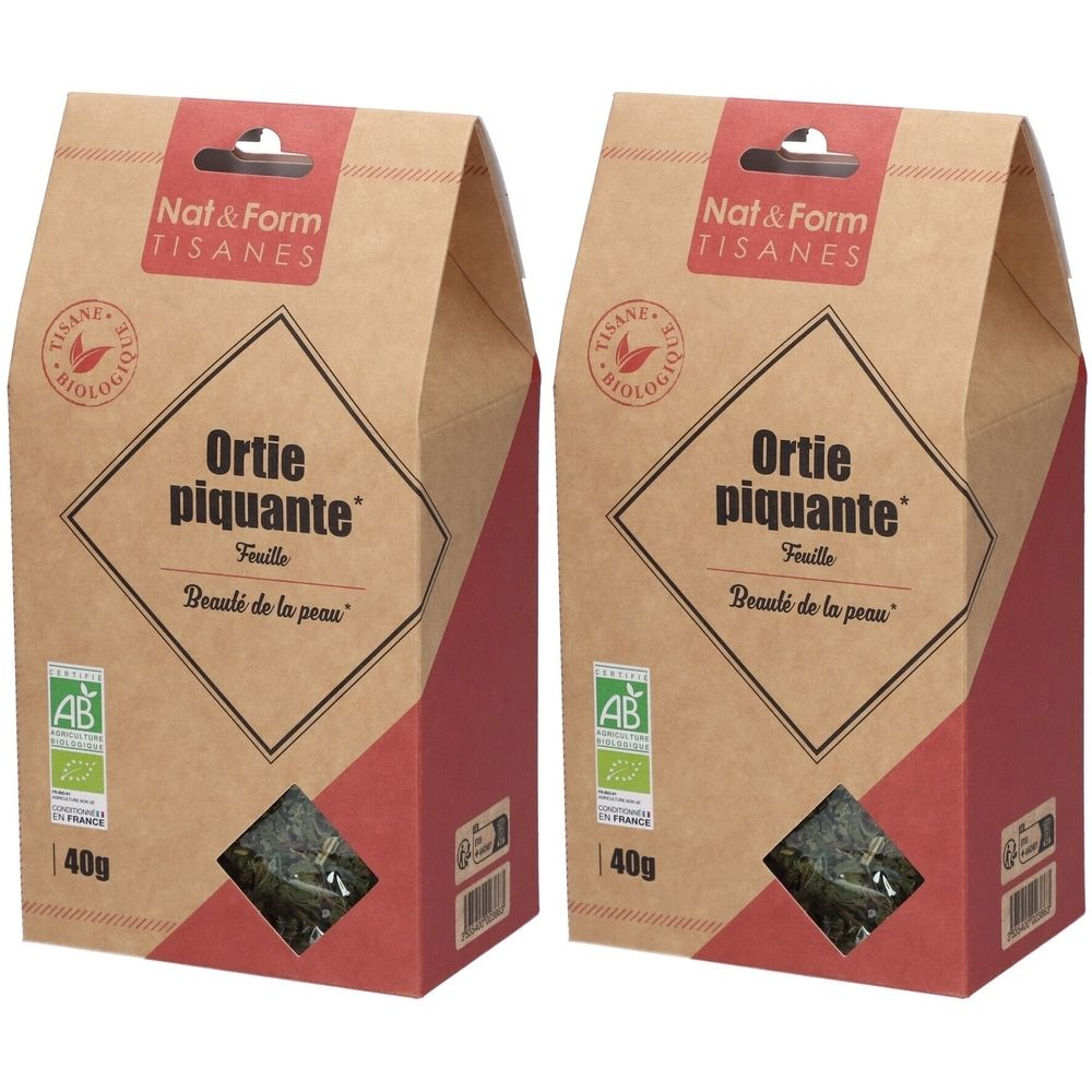 Twee pakken Nat&Form brandnetel bio kruidenthee, elk 40g. Met bio-keurmerk.
