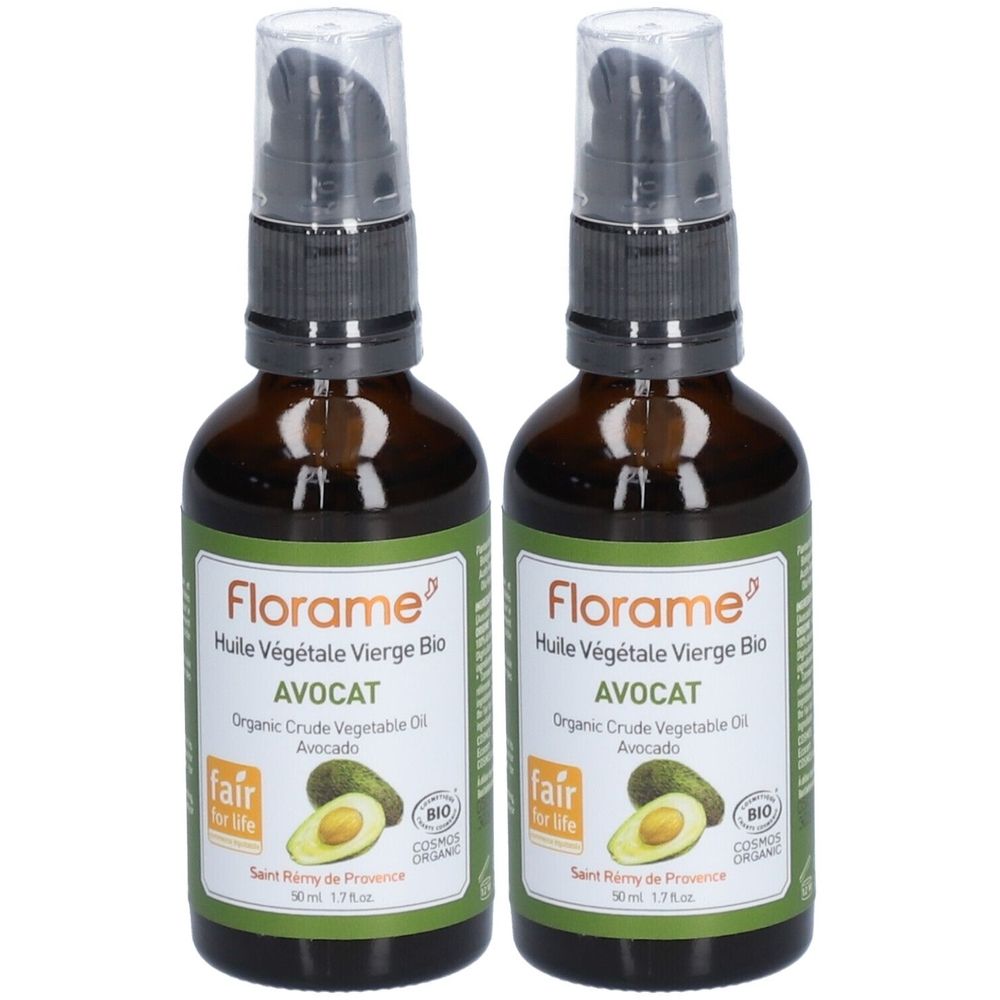 Twee bruine glazen flessen met pomp. Labels: "Florame Huile Végétale Vierge Bio AVOCAT". Met Bio- en Fair for Life-keurmerk.