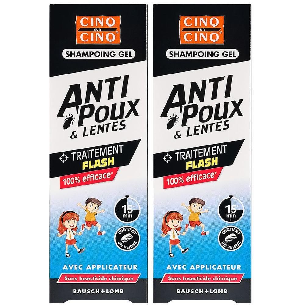 Twee dozen CINQ SUR CINQ Shampoing Gel Anti-Poux & Lentes. Met applicator. Bausch + Lomb.