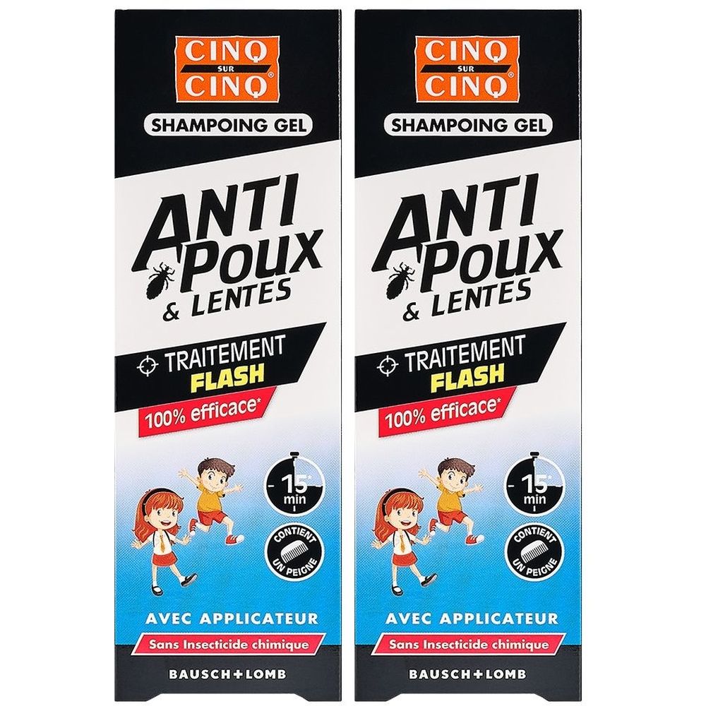 Twee dozen CINQ SUR CINQ Shampoing Gel Anti-Poux & Lentes. Met applicator. Bausch + Lomb.