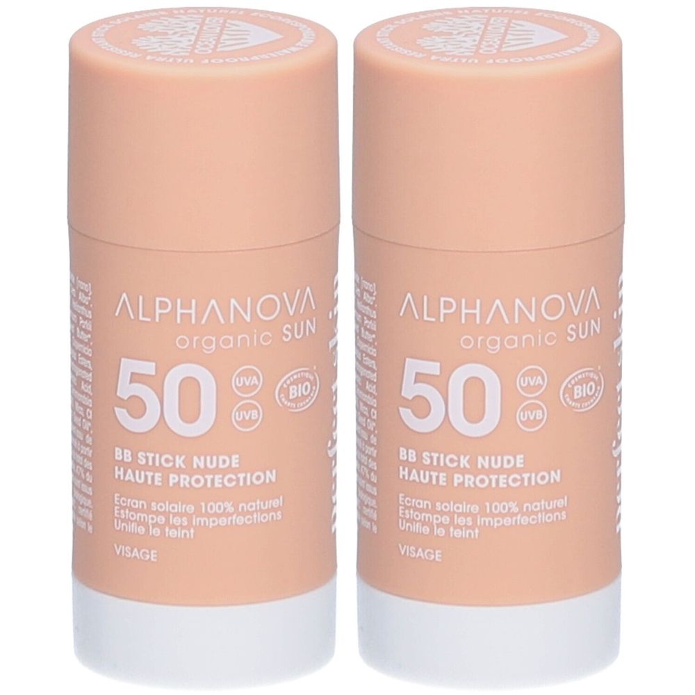 Deux sticks solaires cylindriques ALPHANOVA organic SUN 50 BB Stick Nude Haute Protection. Couleur beige, base blanche.