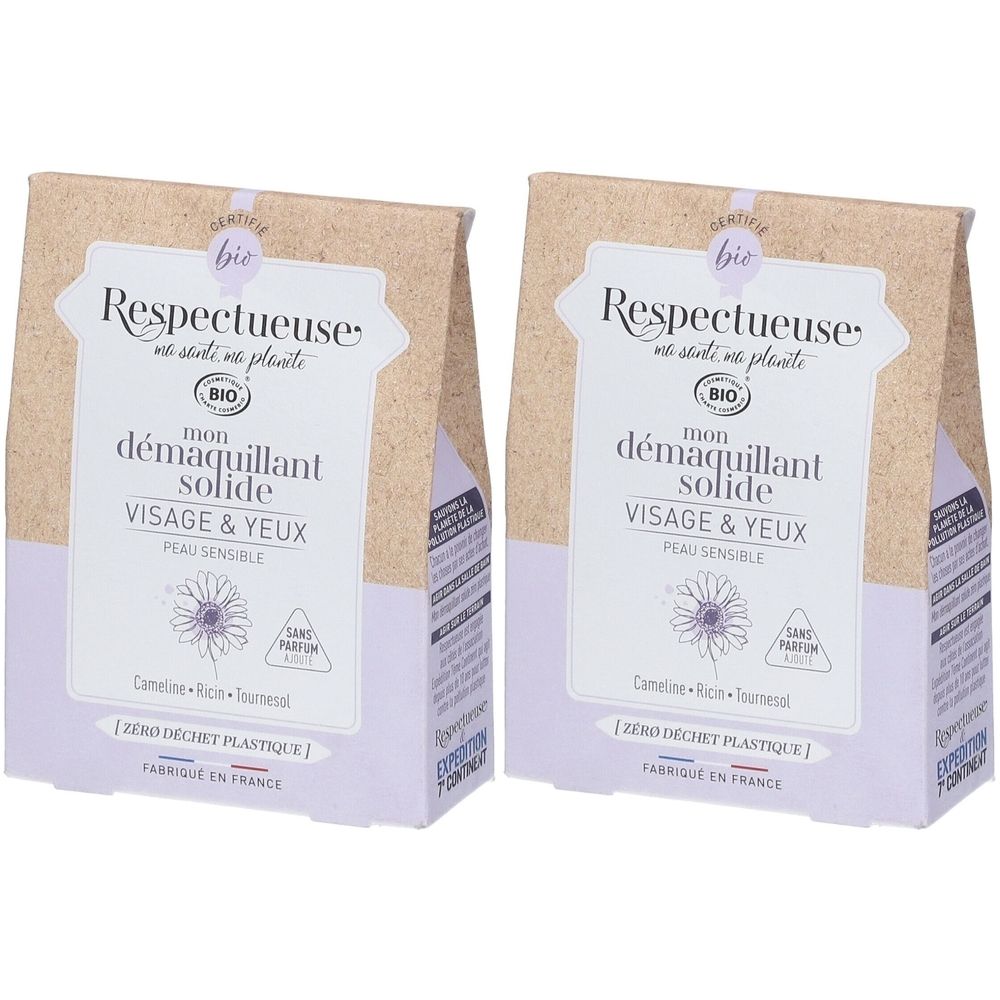 Deux paquets de démaquillant solide visage et yeux. Inscription Respectueuse, certification Bio, pour peau sensible.