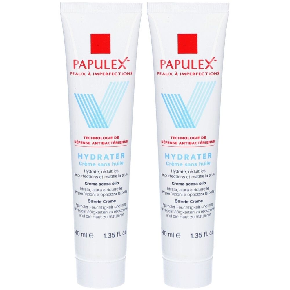 Deux tubes blancs avec carré rouge et texte PAPULEX. Graphique V bleu et texte HYDRATER. 40 ml, 1.35 fl oz.