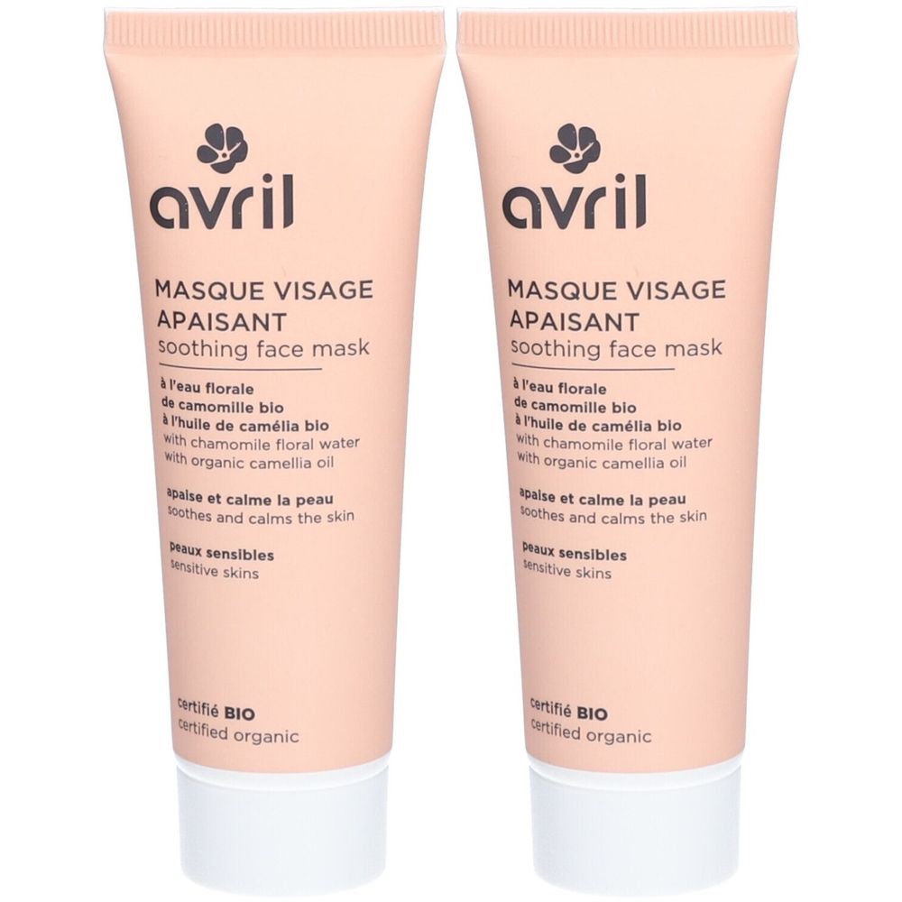 Twee tubes gezichtsmasker. Opschrift: avril, MASQUE VISAGE APAISANT, soothing face mask. Gecertificeerd BIO.