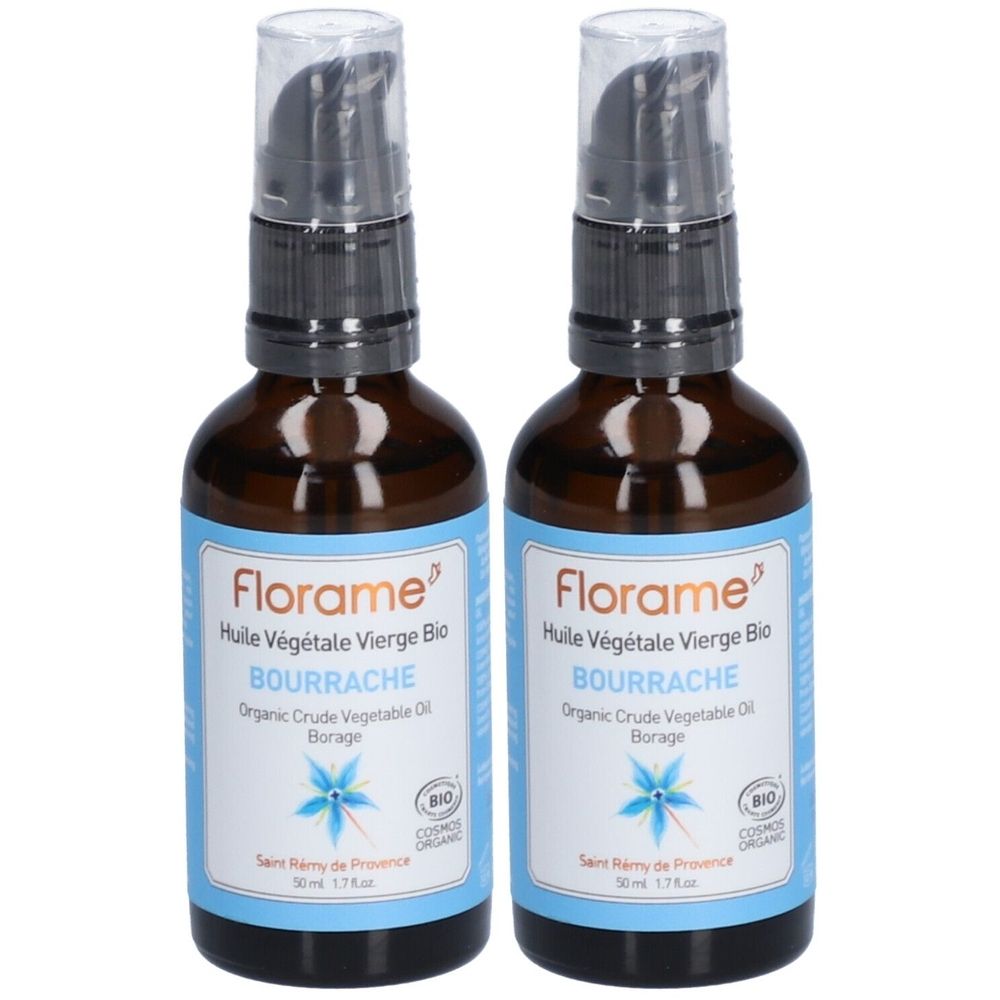 Twee bruine glazen flessen met blauwe etiketten. Op de etiketten staat "Florame", "Huile Végétale Vierge Bio Bourrache" en een biologisch keurmerk. De flessen hebben een pompsluiting.