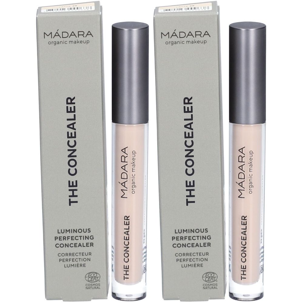 Twee concealers en verpakkingen. Opschrift: Mádara, THE CONCEALER, Luminous Perfecting Concealer. Lichte kleur.