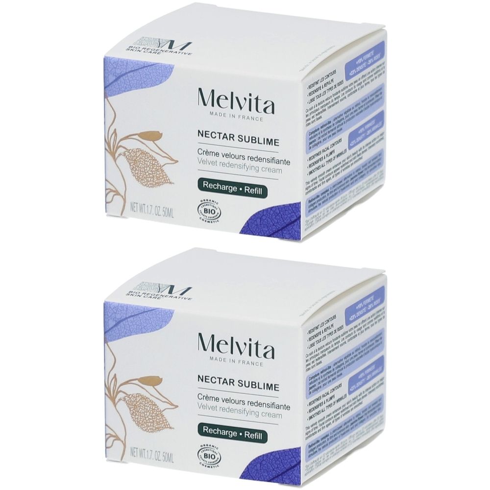 Deux boîtes carrées avec informations produit. Inscription: Melvita Nectar Sublime Crème Velours Redensifiante. Avec label bio et mention Recharge.