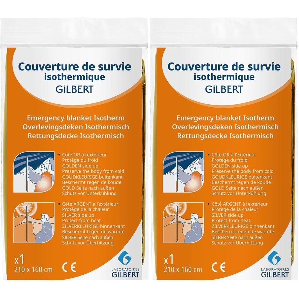 Twee verpakte Gilbert isotherme reddingsdekens. Afmeting: 210 x 160 cm. Tekst: Emergency blanket Isotherm. CE-markering.
