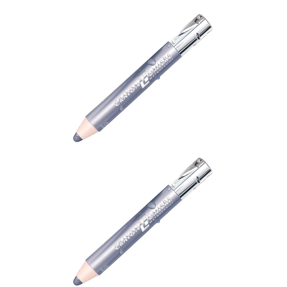 Twee stiften met zilverkleurige doppen en grijze stiften. Op de stiften staat "Crayon Lumière Waterproof".