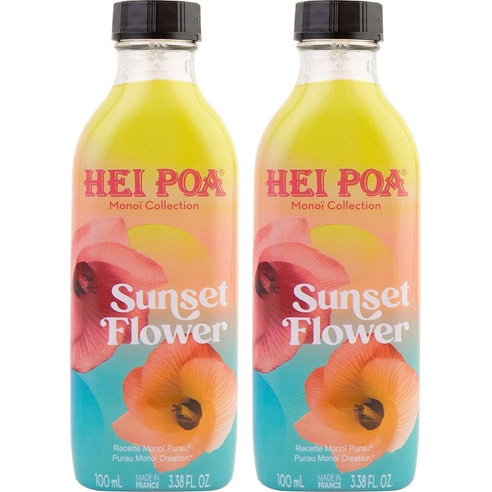 Twee flessen HEI POA Monoï Sunset Flower. Etiket met bloemenmotief en productnaam. Zwarte dop, gele vloeistof.