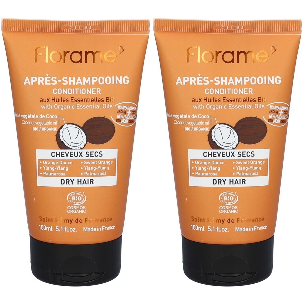 Twee tubes FLORAME Après-shampooing. Oranje verpakking met zwarte dop. Opschrift: Conditioner voor droog haar.