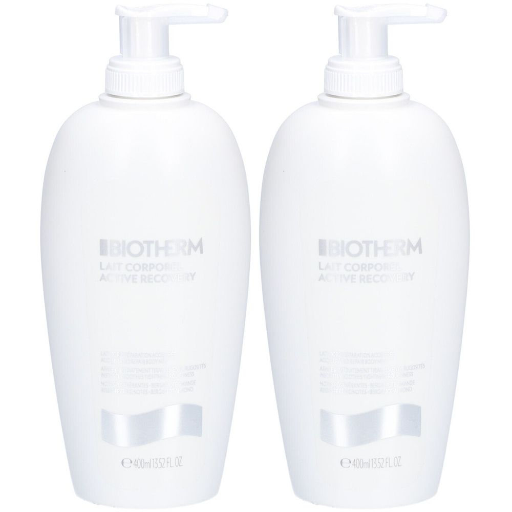 Twee witte flessen met pomp. Opschrift: Biotherm Lait Corporel Active Recovery. Zilverkleurige details eronder.